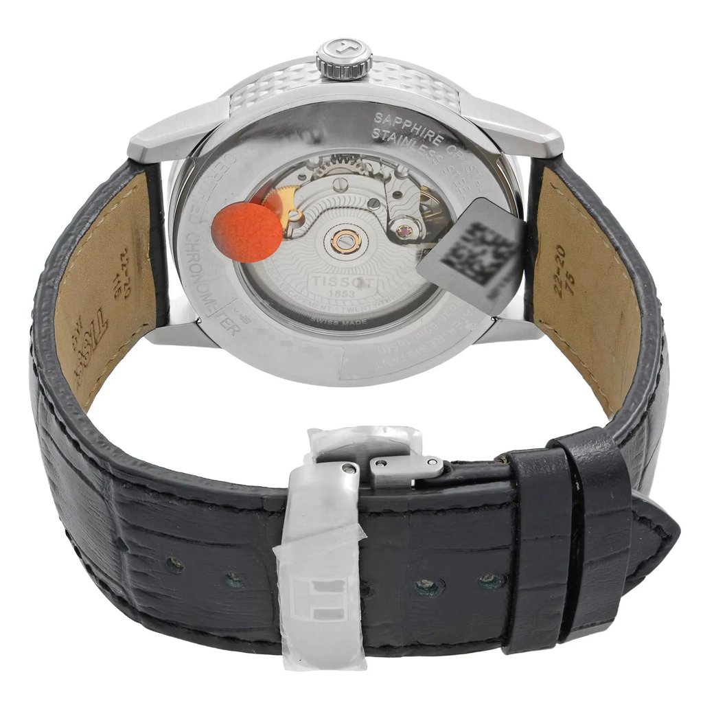 Back View Of Exhibition Back Case And Closed Leather Band Of Tissot T086.408.16.051.00 Watch Pre Owned Condition
