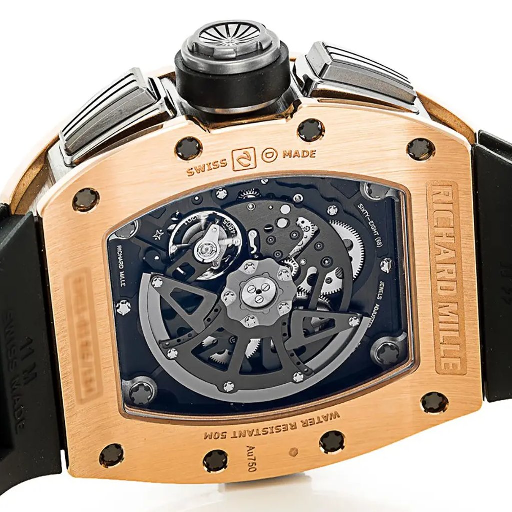 Up Close Front Facing Picture Of Richard Mille RM 11-02 Titanium,Rose Gold Watch Pre Owned Condition