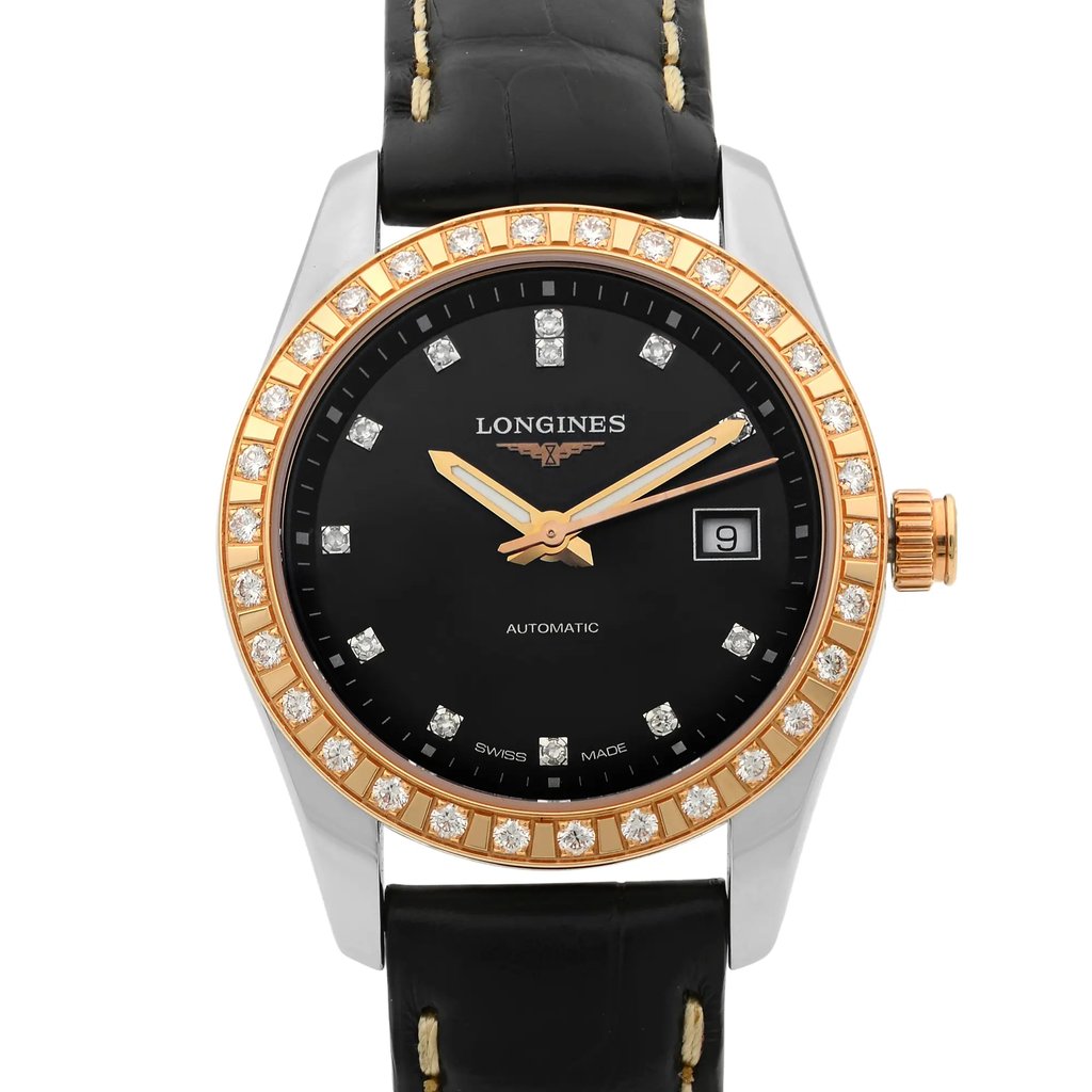 An image of a wristwatch displayed as a front close-up shot of the watch face. The watch features a black dial with gold hands and diamond hour markers. The bezel is adorned with diamonds and has a gold finish. The date is visible at the 3 o'clock position. The watch is in display model condition and has a black leather strap with stitching details.