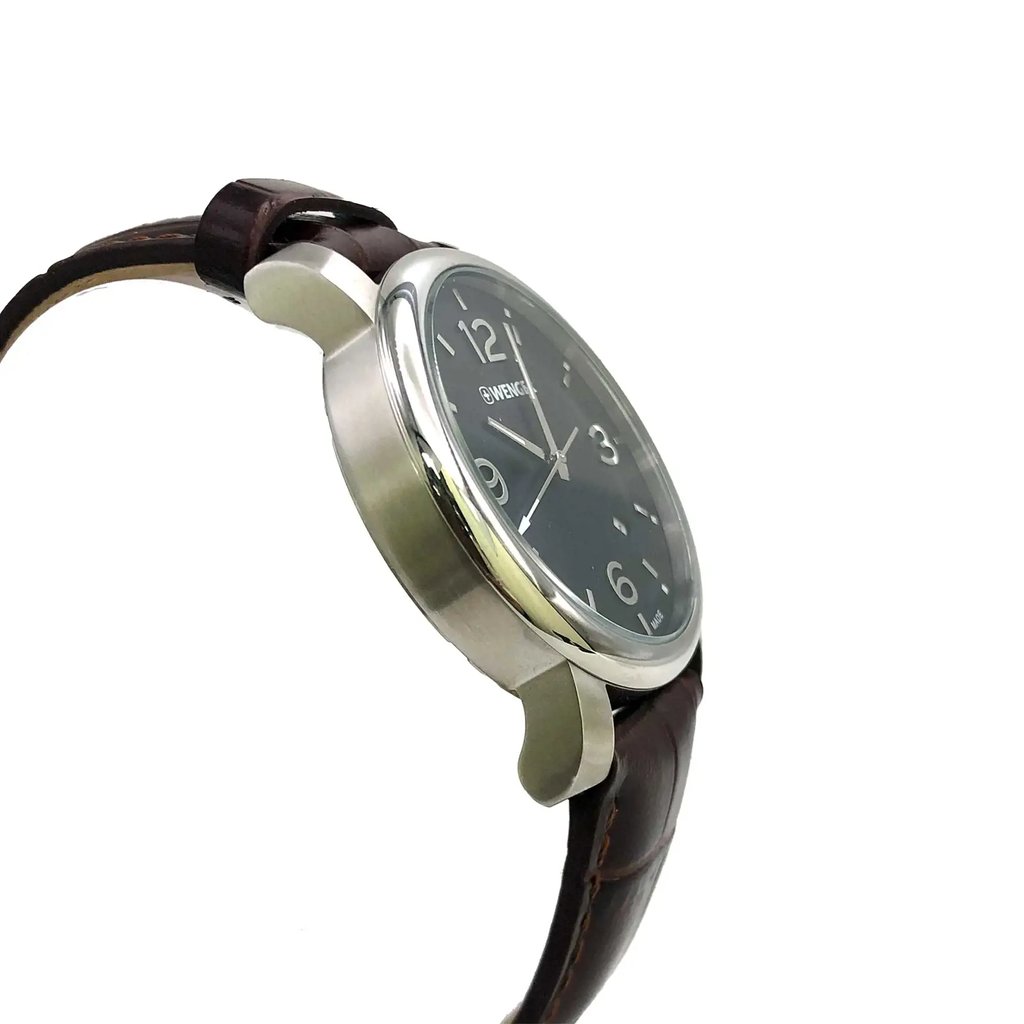 View Of Opposite Crown Facing Side Of Wenger 01.1041.128 Stainless Steel Watch Display Model Condition