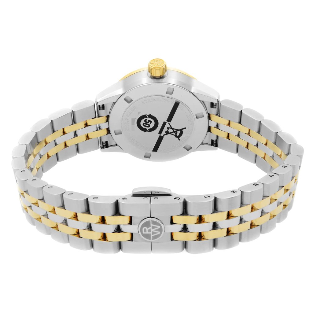 Back View Of Solid Back Case And Closed Stainless Steel Band Of RAYMOND WEIL 5629-STP-97081 Watch Display Model Condition