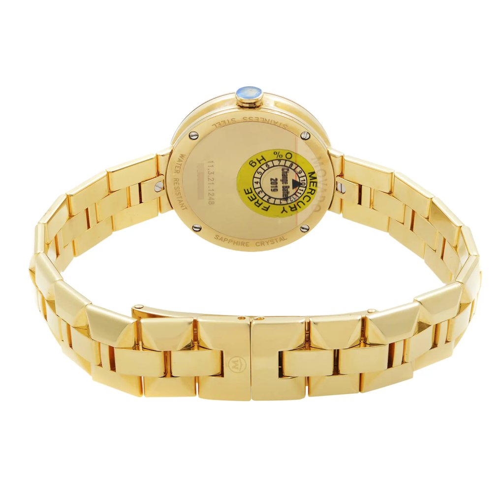 An image of a wristwatch taken from the back view, showcasing the closed clasp. The watch features a gold metallic bracelet and a circular back casing engraved with various details. The photo is taken from a slightly elevated angle, providing a clear view of the bracelet links and the back of the watch. The watch is a display model, captured at a close distance to highlight its pristine condition.