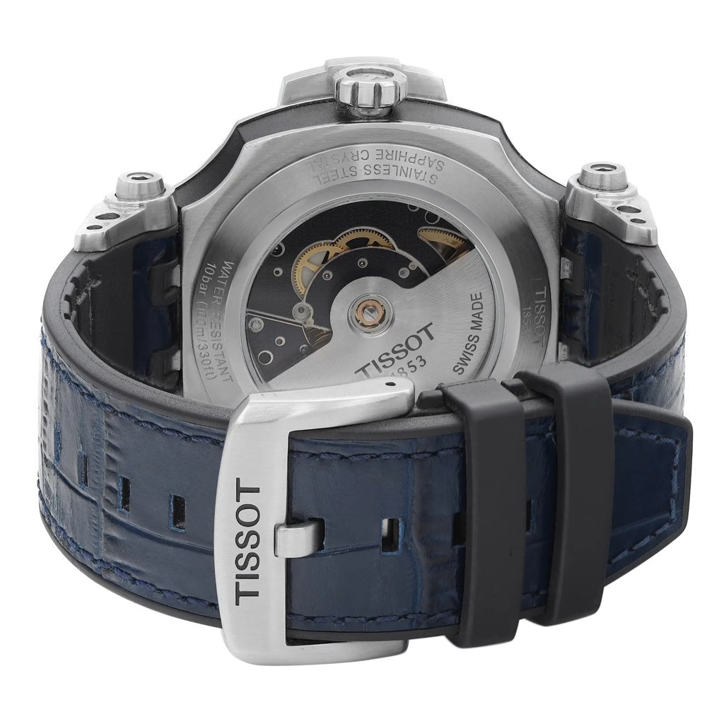 Back View Of Exhibition Back Case And Closed Leather Band Of Tissot T115.407.17.041.00 Watch Pre Owned Condition