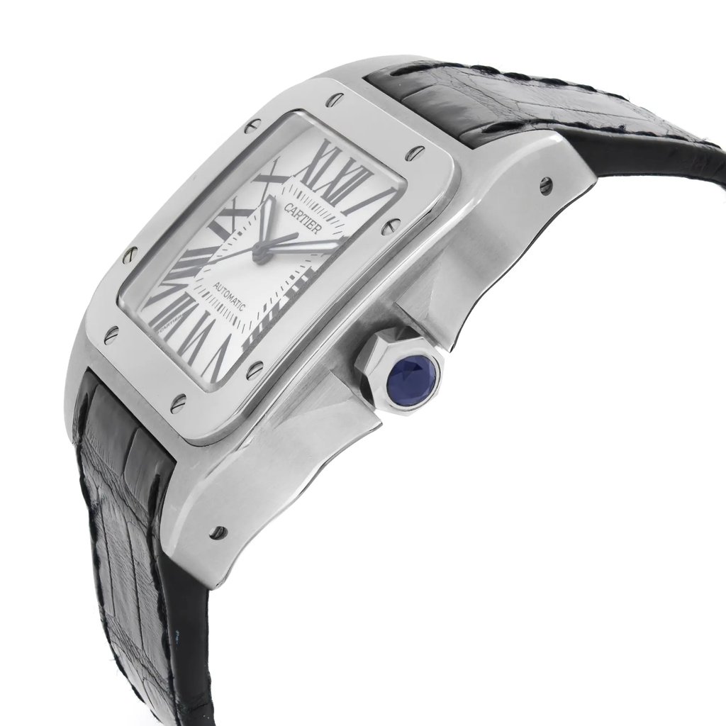 An image of a pre-owned Cartier men's wristwatch in a side profile view that highlights the crown. The watch has a square stainless steel case with a steel bezel and a white dial featuring luminous hands. It is styled with a classic black leather band and the crown is adorned with a blue cabochon. The watch embodies a casual, classic, dress/formal, and luxury style. The photograph is a close-up, showing the watch at a slight angle to emphasize the side profile and crown detail.