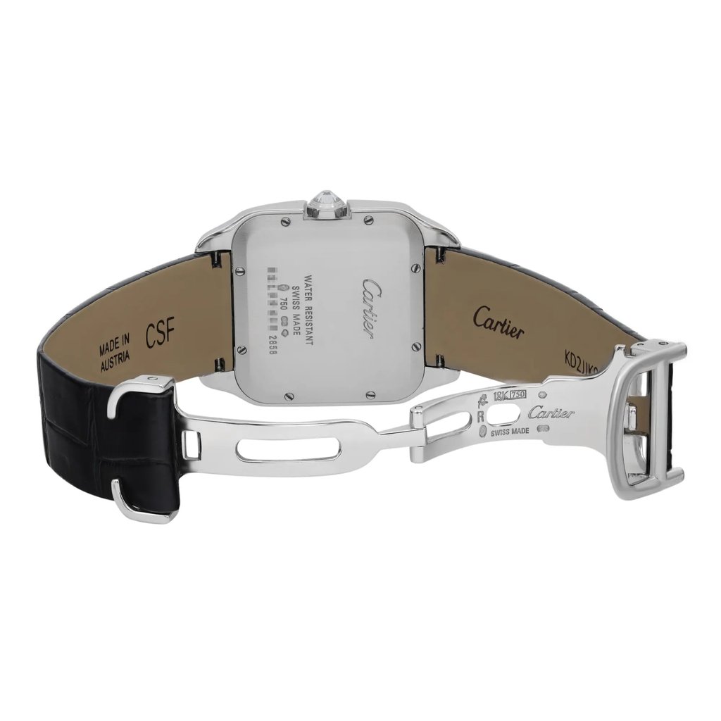 An image of a pre-owned wristwatch showcasing the back view with an open clasp. The watch is positioned at a slight angle, revealing the inner side of the black leather strap and the metallic watch back. The clasp is fully extended, allowing a clear view of the engraved details and markings on both the strap and watch back. The photograph is taken at a close distance, highlighting the watch's craftsmanship and design.