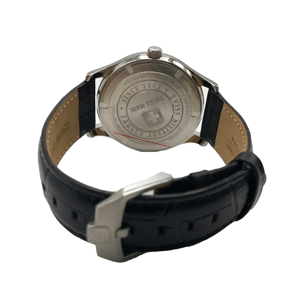 Back View Of Screwback Back Case And Closed Leather Band Of Swiss Military Hanowa 06-4303.04.007 Watch Display Model Condition