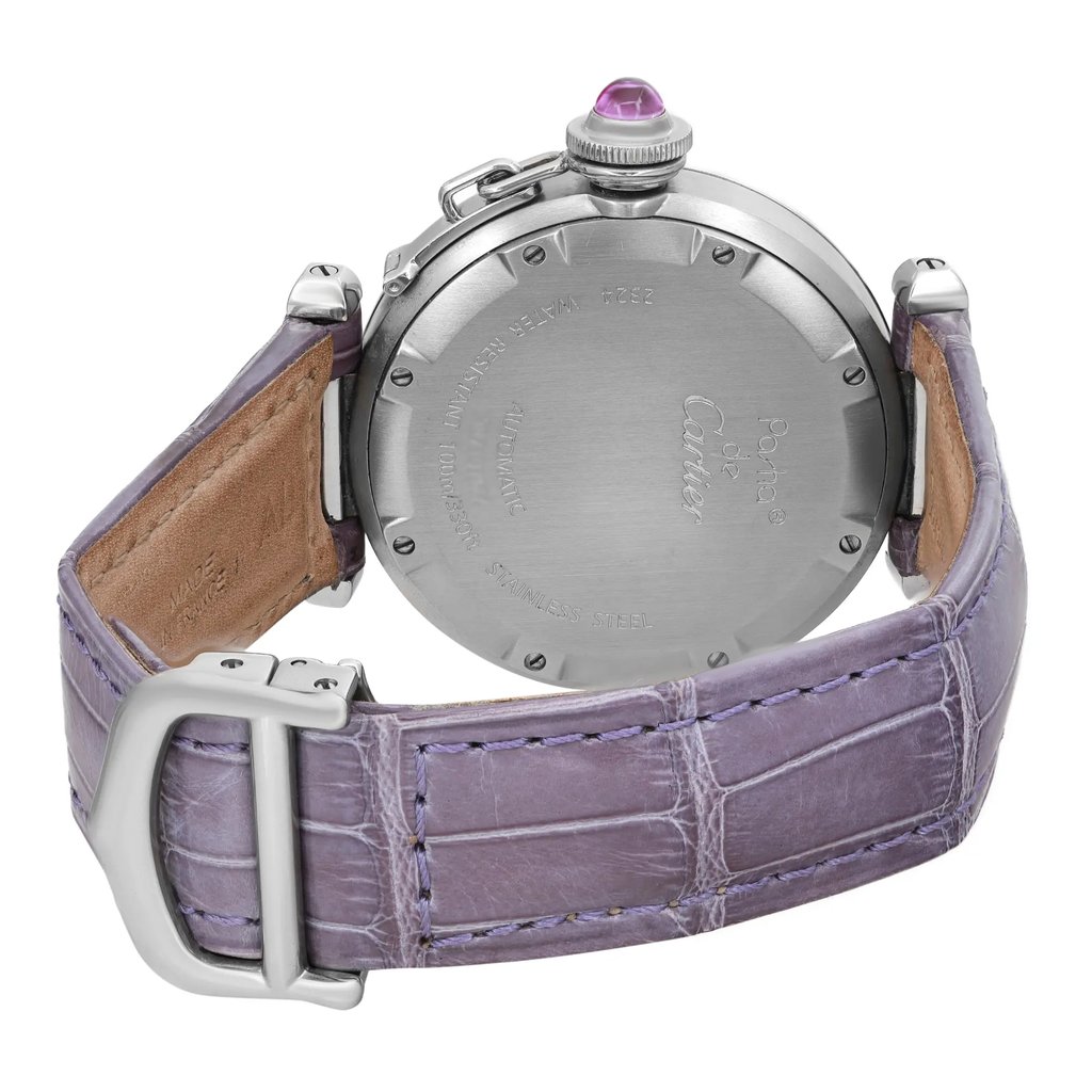 Back View Of Screwback Back Case And Closed Leather Band Of Cartier 2324 Watch Pre Owned Condition