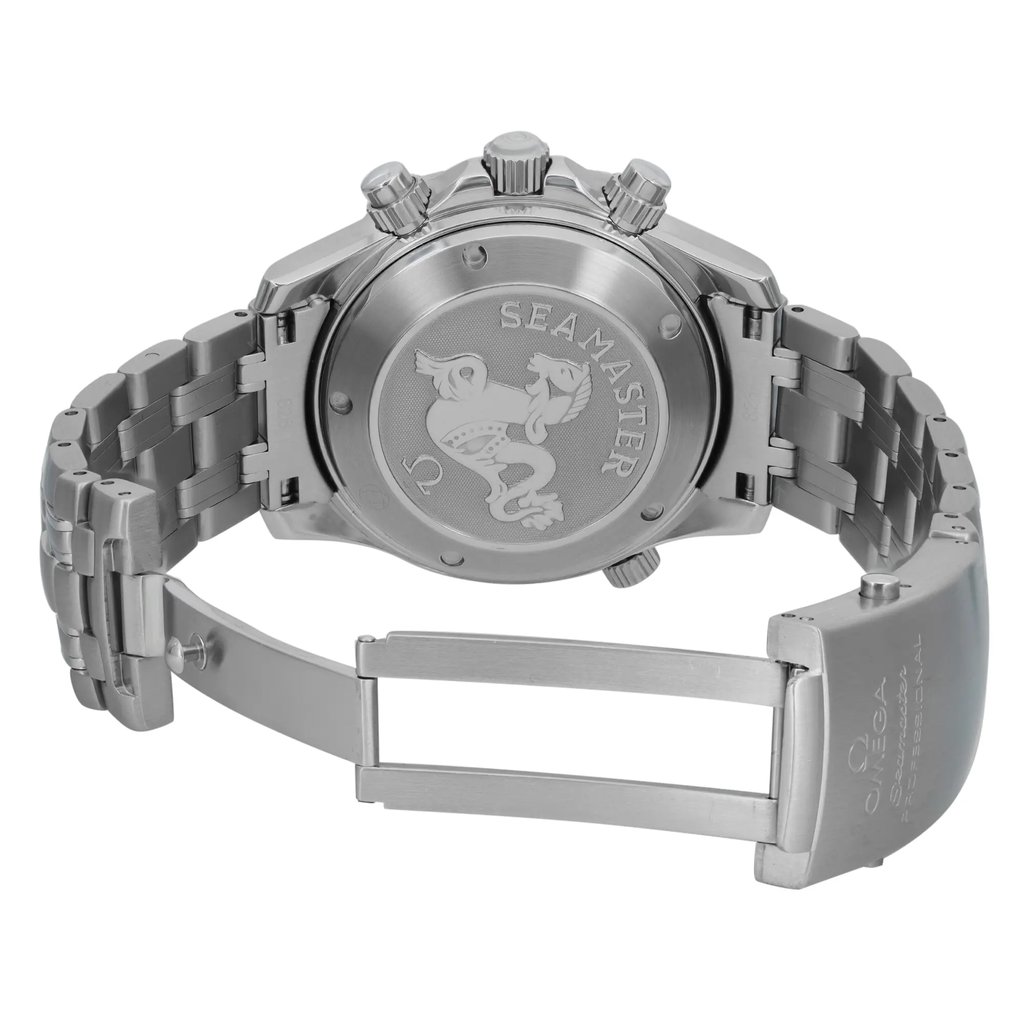 An image of a pre-owned wristwatch shown from the back view, featuring an open clasp. The watch is positioned at a slight angle, showcasing the engraved design and text on the back of the case. The metal bracelet is partially open, revealing the detailed links and the watch's brand markings. The image is taken at a close distance, highlighting the craftsmanship and condition of the watch.