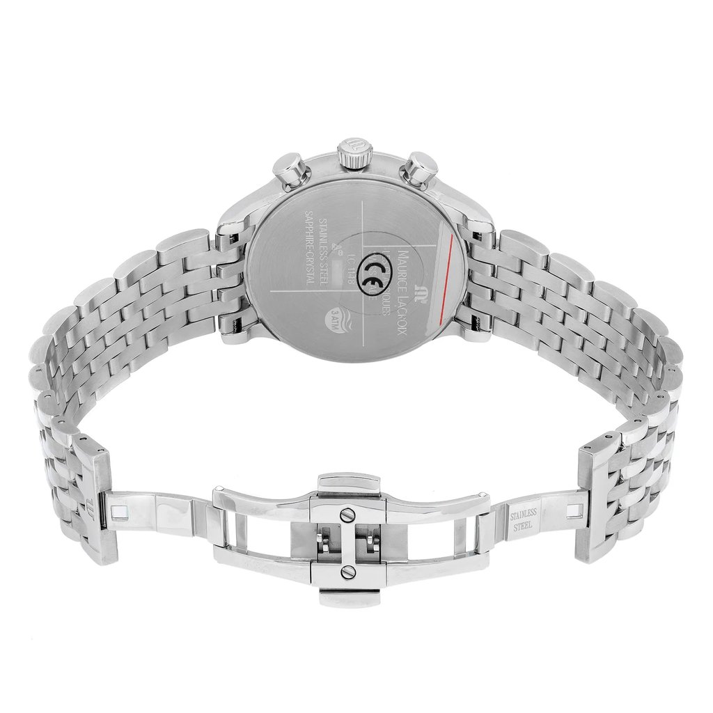 Back View Of Solid Back Case And Open Stainless Steel Band Of Maurice Lacroix LC1148-SS002-331 Watch Unworn Condition