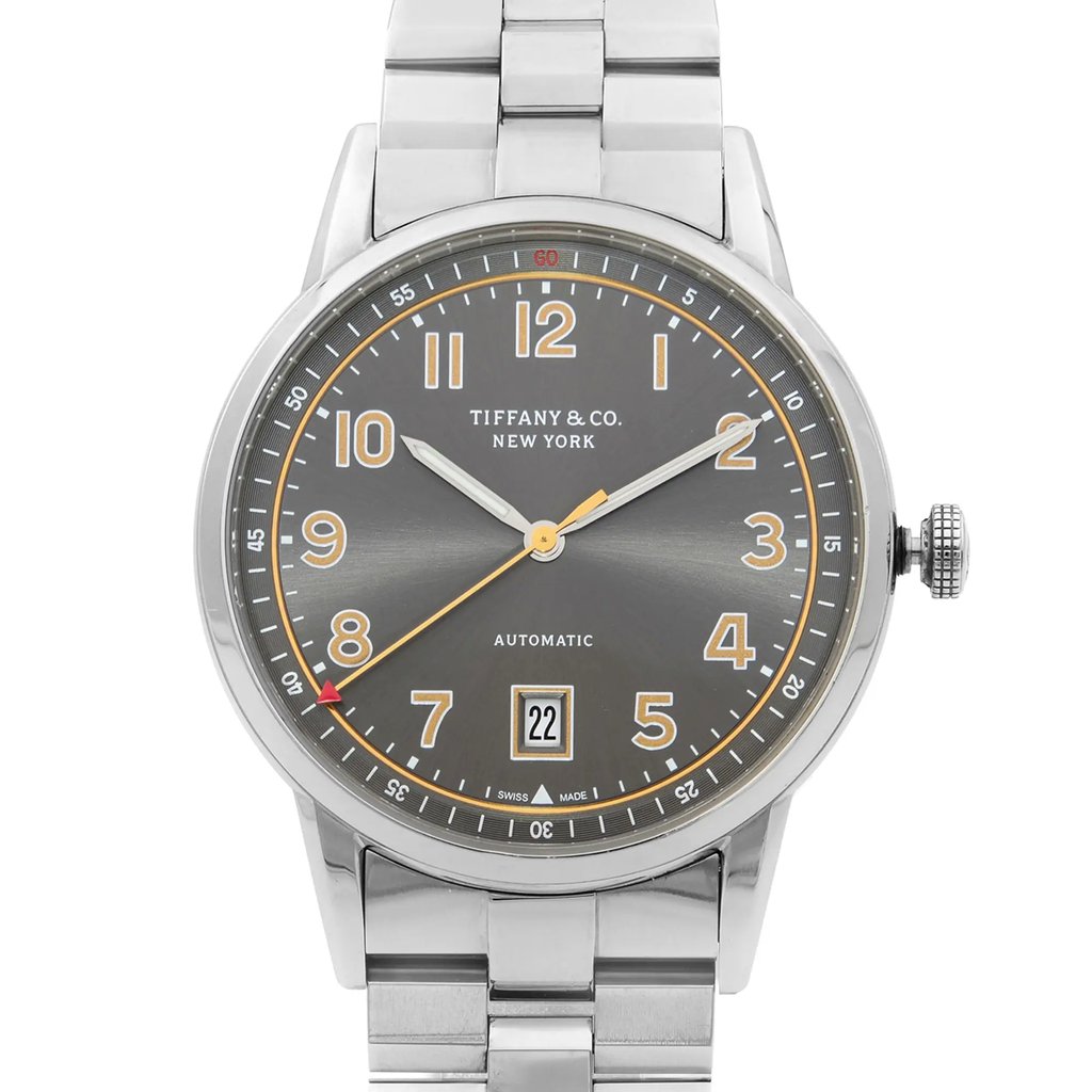 Up Close Front Facing Picture Of Tiffany & Co. CT60 Stainless Steel Watch Pre Owned Condition