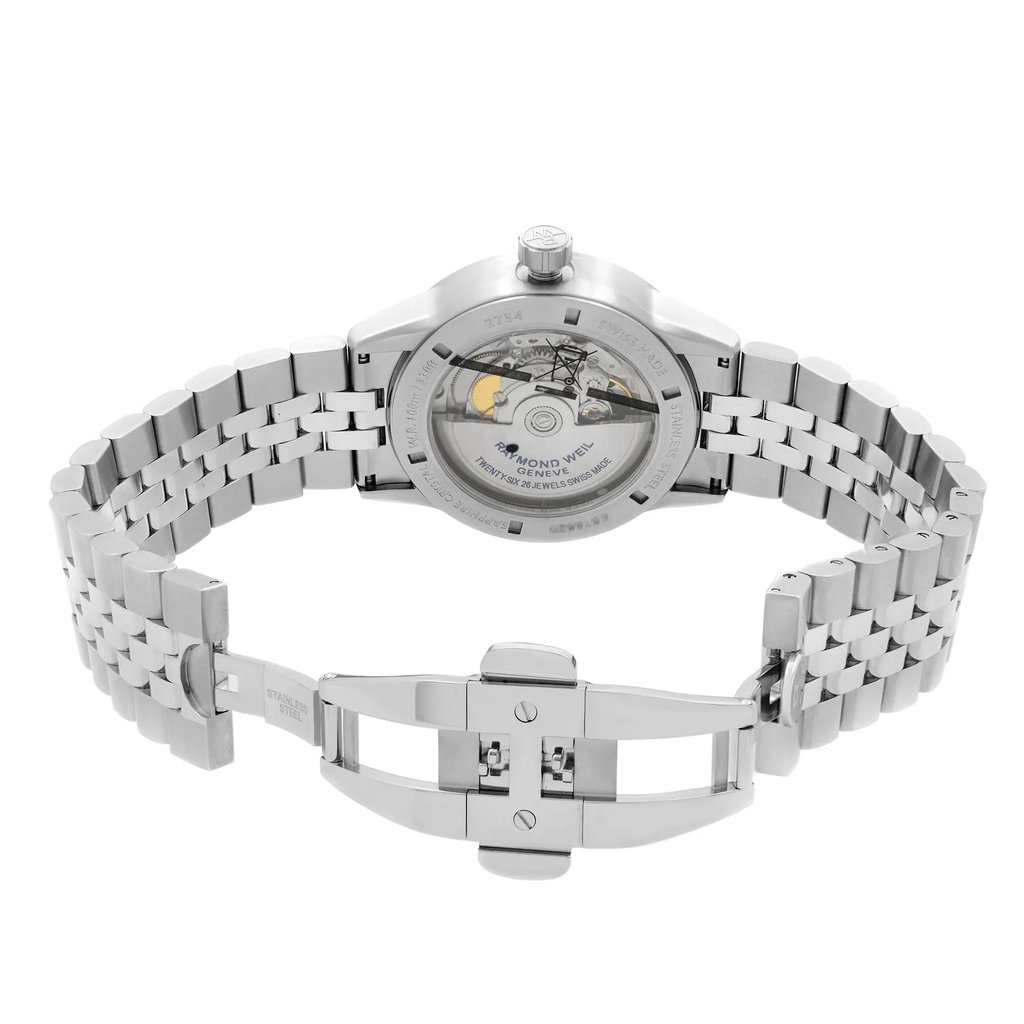 Back View Of Exhibition Back Case And Open Stainless Steel Band Of RAYMOND WEIL 2754-ST-05500 Watch Unworn Condition