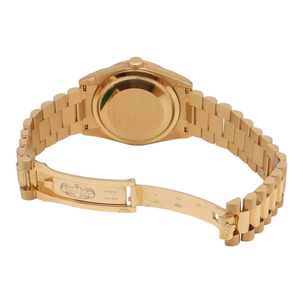 Back View Of Solid Back Case And Open Yellow Gold Band Of Rolex 118348 Watch Unworn Condition
