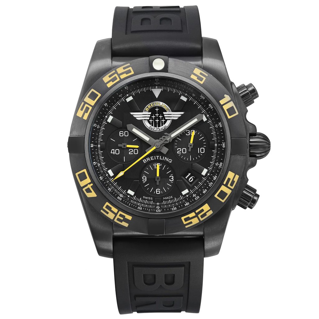 An image of a pre-owned Breitling men's wristwatch presented in a full frontal view. The watch features a Brushed Black round stainless steel case and a black rubber band. It has a black dial with yellow accents, arrow markers, a 12-hour dial, and a seconds hand. The black bezel and despite being pre-owned, the watch is in excellent condition with barely visible tiny scratches on the case and micro insignificant dings on the bezel and case back. The angle of the image shows the watch face head-on at a close distance, highlighting the pilot/aviator style of the watch.