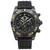 An image of a pre-owned Breitling men's wristwatch presented in a full frontal view. The watch features a Brushed Black round stainless steel case and a black rubber band. It has a black dial with yellow accents, arrow markers, a 12-hour dial, and a seconds hand. The black bezel and despite being pre-owned, the watch is in excellent condition with barely visible tiny scratches on the case and micro insignificant dings on the bezel and case back. The angle of the image shows the watch face head-on at a close distance, highlighting the pilot/aviator style of the watch.