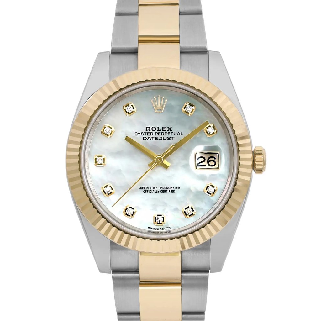 An image of a pre-owned wristwatch showing a close-up front view of the watch face. The watch has a two-tone metal band with gold and stainless steel links. The face features a white dial with gold hour markers, a date display at the 3 o'clock position, and gold hands. The bezel is fluted and gold, adding a touch of elegance to the design.