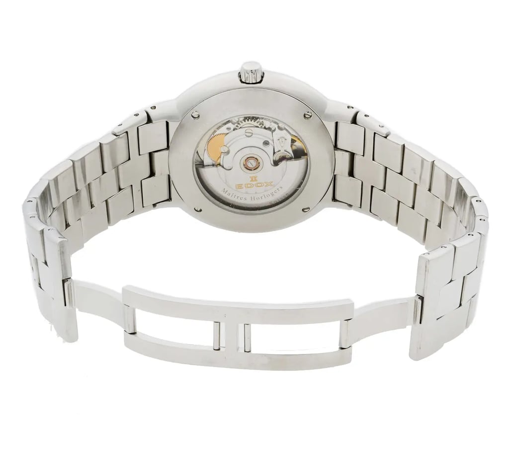 Back View Of Exhibition Back Case And Open Stainless Steel Band Of Edox 83001 Watch Pre Owned Condition