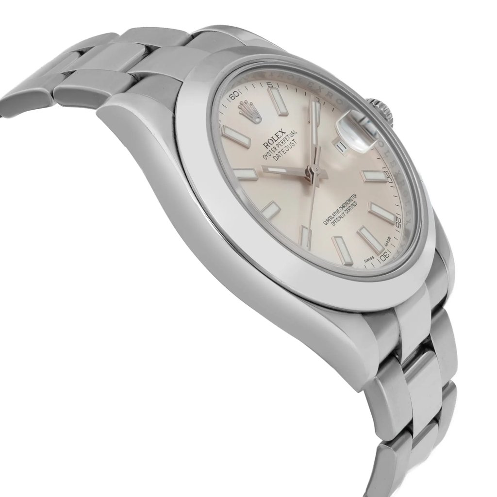 An image of a pre-owned wristwatch taken from a side profile view, opposite the crown. The watch is positioned at an angle, showcasing the sleek metal band and the watch face. The distance is close enough to capture the details of the watch, including the markers and hands on the dial.