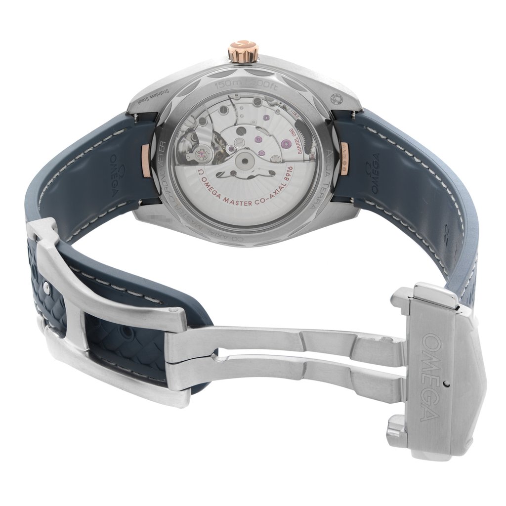 Back View Of Exhibition Back Case And Open Rubber,Stainless Steel Band Of OMEGA 220.22.41.21.03.001 Watch Unworn Condition