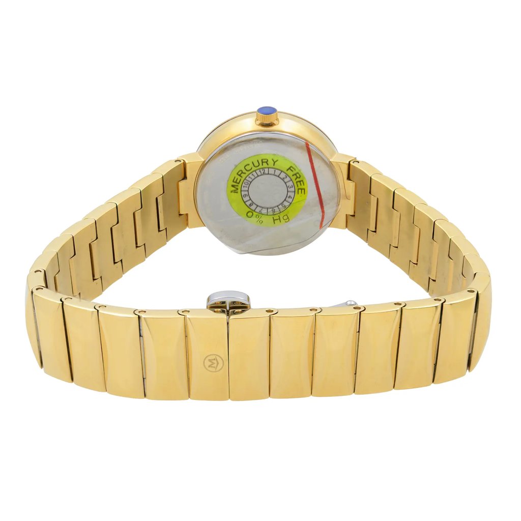 An image of a wristwatch shown from the back view, focusing on the closed clasp. The watch features a gold-toned metal band and a round case with a visible "Mercury Free" sticker on the back. The watch appears new but has defects. The angle is straight-on and at a close distance, highlighting the details of the clasp and band.