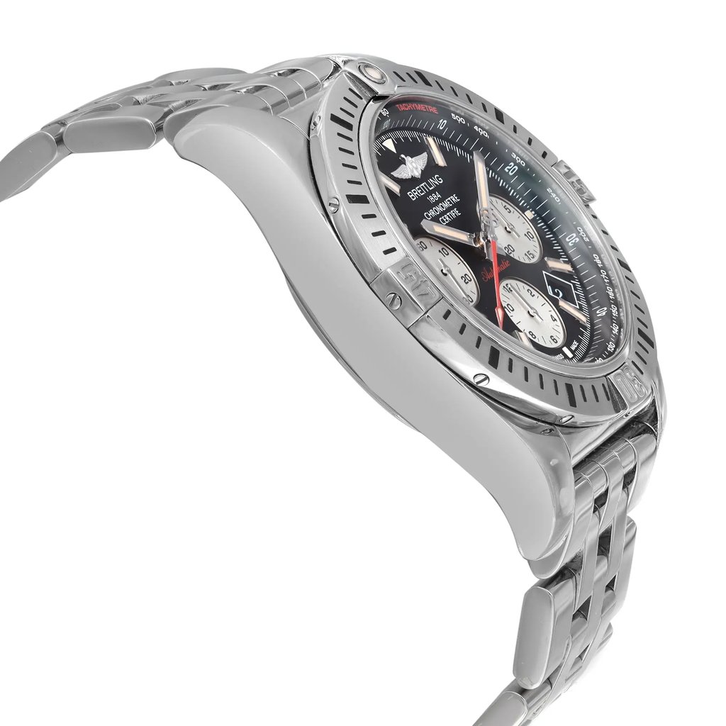 An image of a pre-owned Breitling men's wristwatch in a luxury style, showcasing a side profile view opposite of the crown. The watch features a round black dial with a stainless steel case, b,ezel and band. The image is taken from a close distance, capturing the watch at an angle that emphasizes the curvature of the case and band. The watch is pre-owned in good condition and shows minor dings visible on the lugs and minor nicks on the back case. 