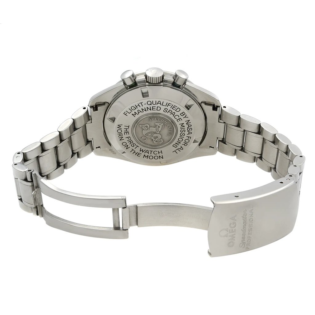 Back View Of Solid Back Case And Open Stainless Steel Band Of OMEGA 3590.50.00 Watch Pre Owned Condition