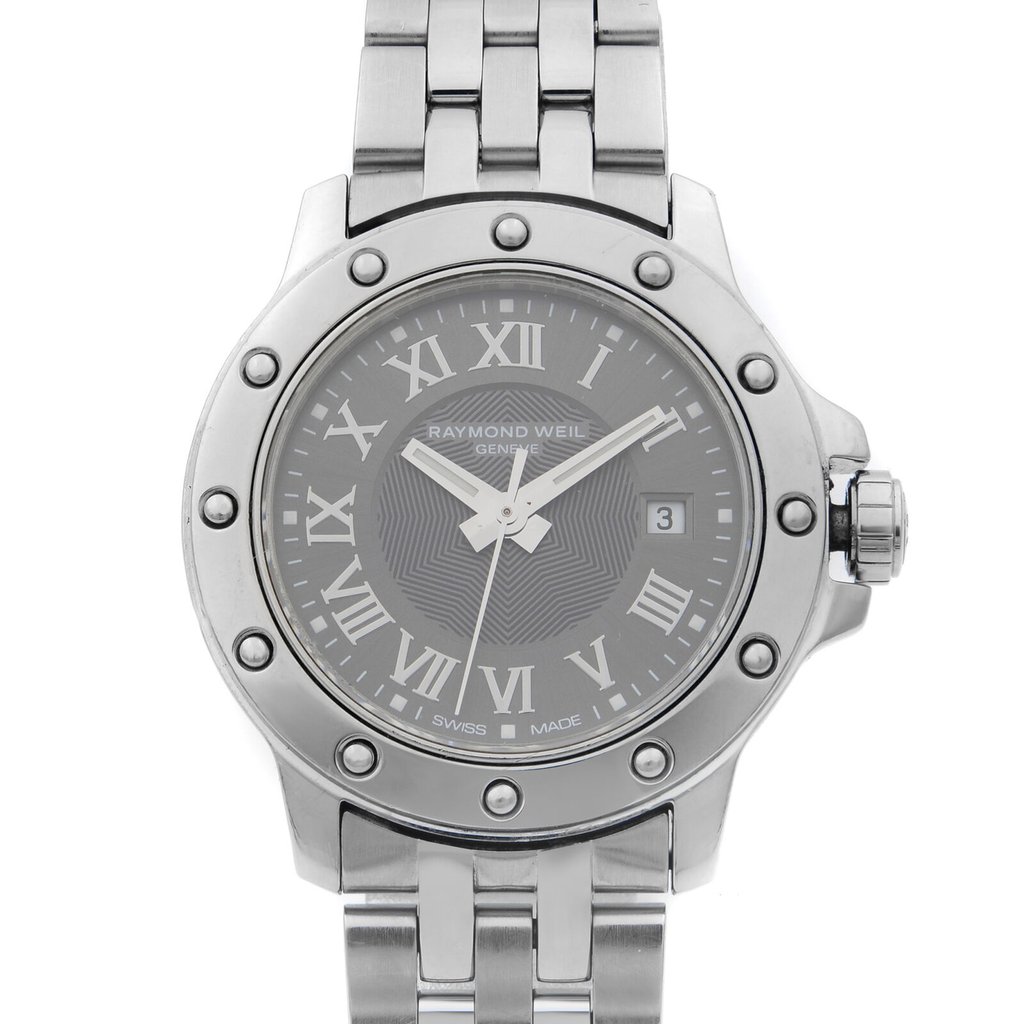 Up Close Front Facing Picture Of RAYMOND WEIL 5399-ST-00608 Stainless Steel Watch Pre Owned Condition