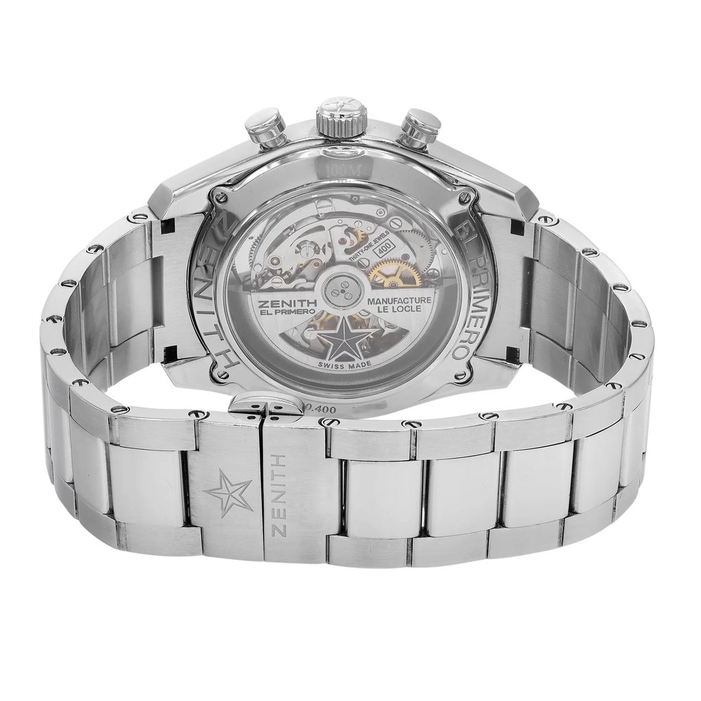 An image of a Wristwatch by Zenith. This Pre Owned item is designed for Men, featuring a Luxury style. It has a Mechanical (Automatic) movement and an Analog display with a Black dial color. The indices include 12-Hour Dial,Non-Numeric Hour Marks,Stick Indexes. The band is made of Stainless Steel and the case is made of Stainless Steel. The watch has a Round shape with a case size of 42 mm and a case thickness of 13.2 mm.