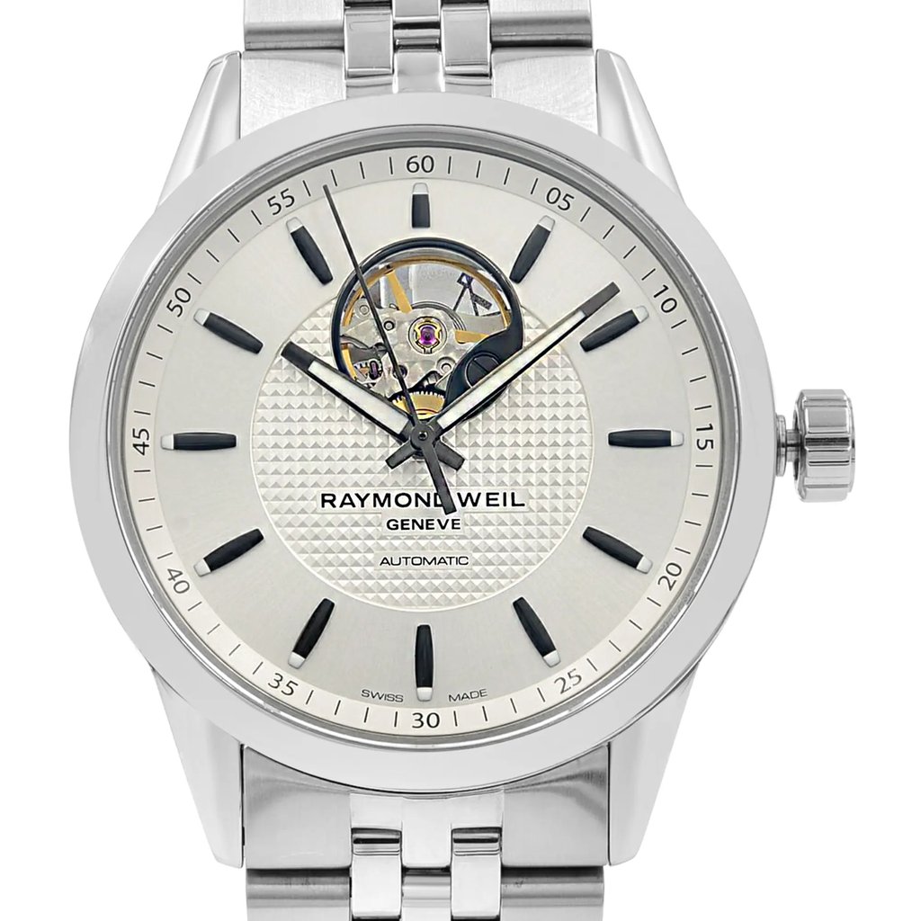 Up Close Front Facing Picture Of RAYMOND WEIL 2710-ST-65031 Stainless Steel Watch New Condition