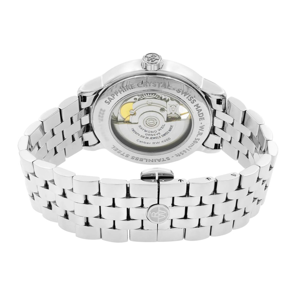 Back View Of {Caseback} Back Case And Closed Stainless Steel Band Of RAYMOND WEIL 2227-ST-65001 Watch Pre Owned Condition