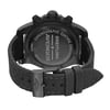 An image of a wristwatch taken from the back view, showcasing the closed clasp. The watch is positioned upright, with a close-up angle that highlights the detailed engravings on the back case and the textured strap. The watch is a display model, with the clasp prominently featuring a logo.