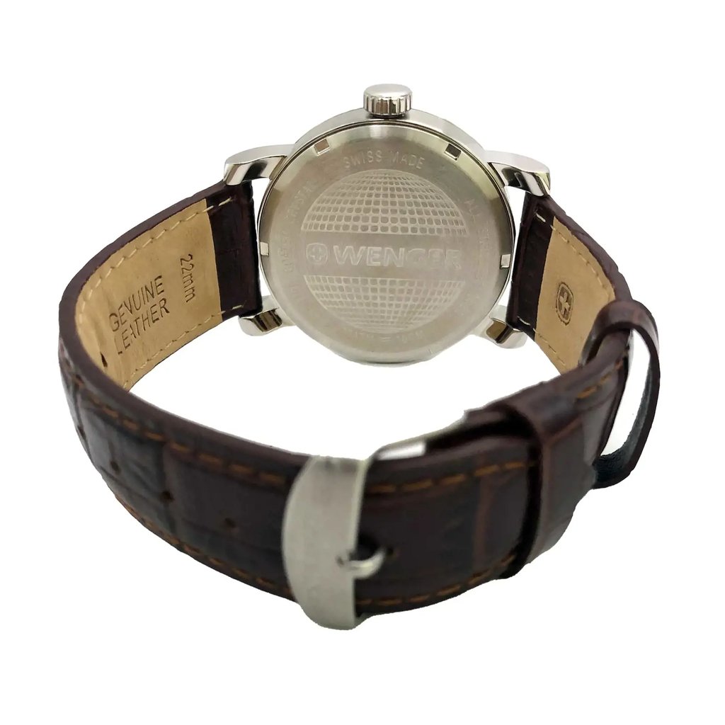 Back View Of Screwback Back Case And Closed Leather Band Of Wenger 01.1041.128 Watch Display Model Condition