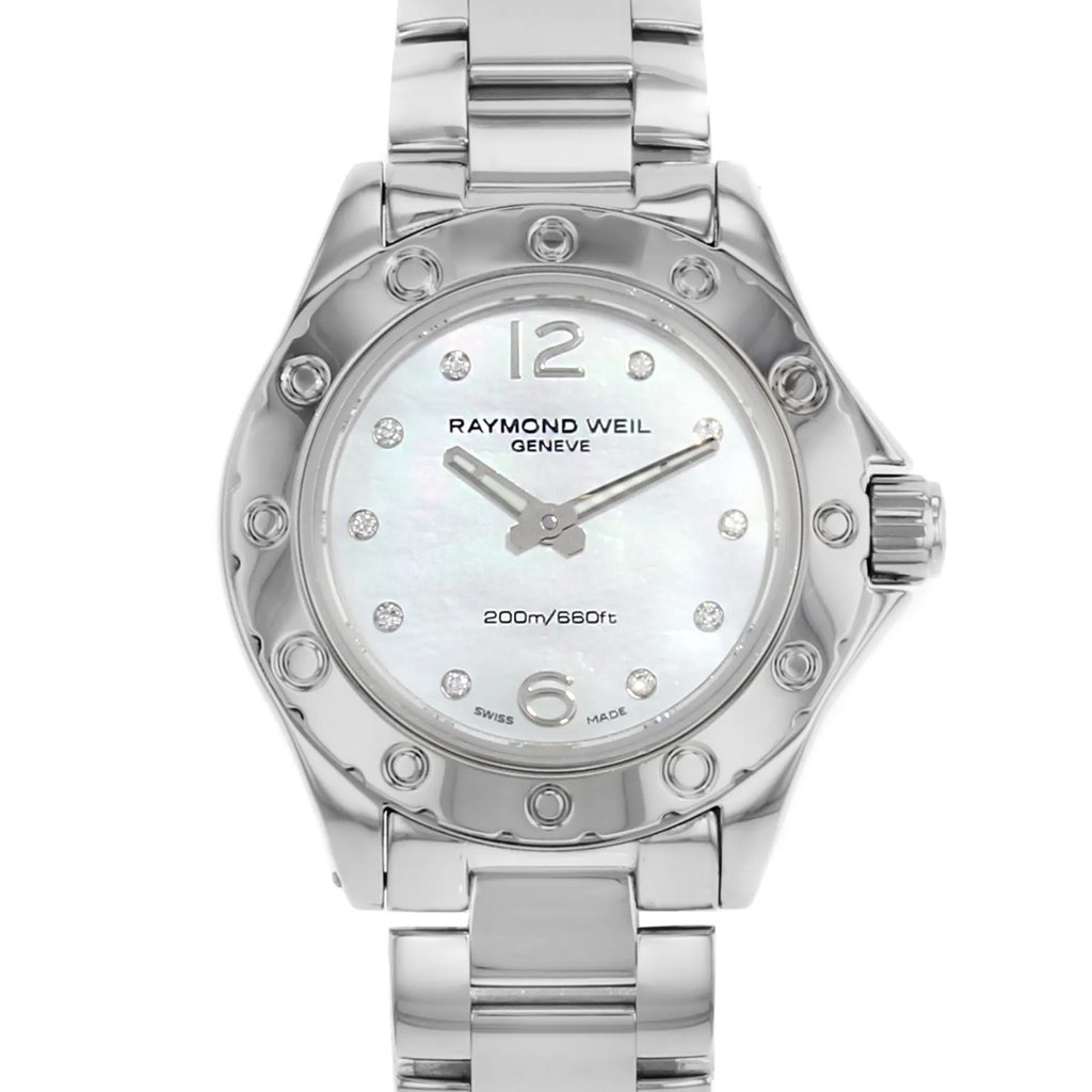 Up Close Front Facing Picture Of RAYMOND WEIL 3170-ST-05985 Stainless Steel Watch Pre Owned Condition