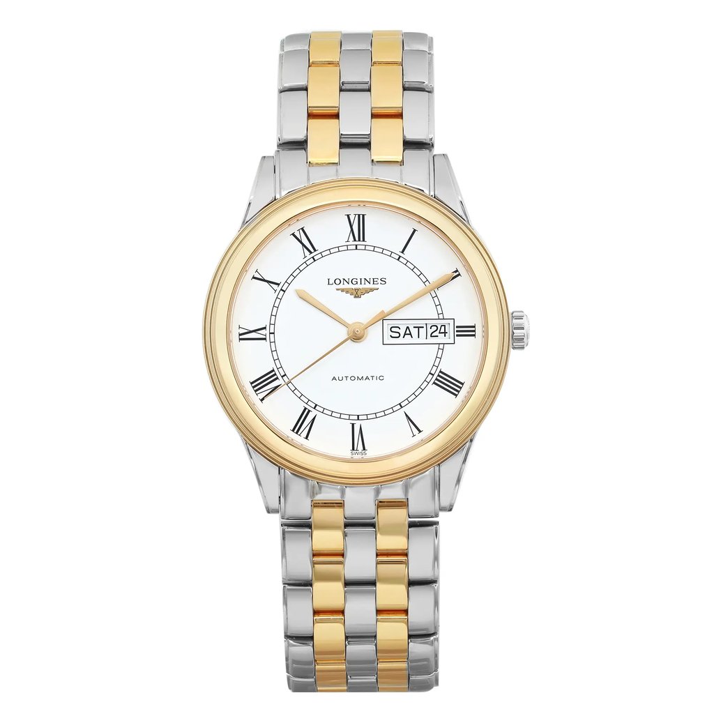 An image of a pre-owned Longines men's dress wristwatch, shown in a front full frontal view. The watch features a round stainless steel case with a gold-tone bezel and a white dial displaying Roman numerals and a 12-hour dial. It has a day-date indicator at the 3 o'clock position and is branded with 'Longines' under the 12-hour mark. The timepiece has an automatic movement and is attached to a two-tone stainless steel bracelet with gold-tone accents, which exhibit micro scratches indicative of its good, but used condition. The watch is positioned centrally with a direct angle and occupies a majority of the image, providing a clear view of its design and features.