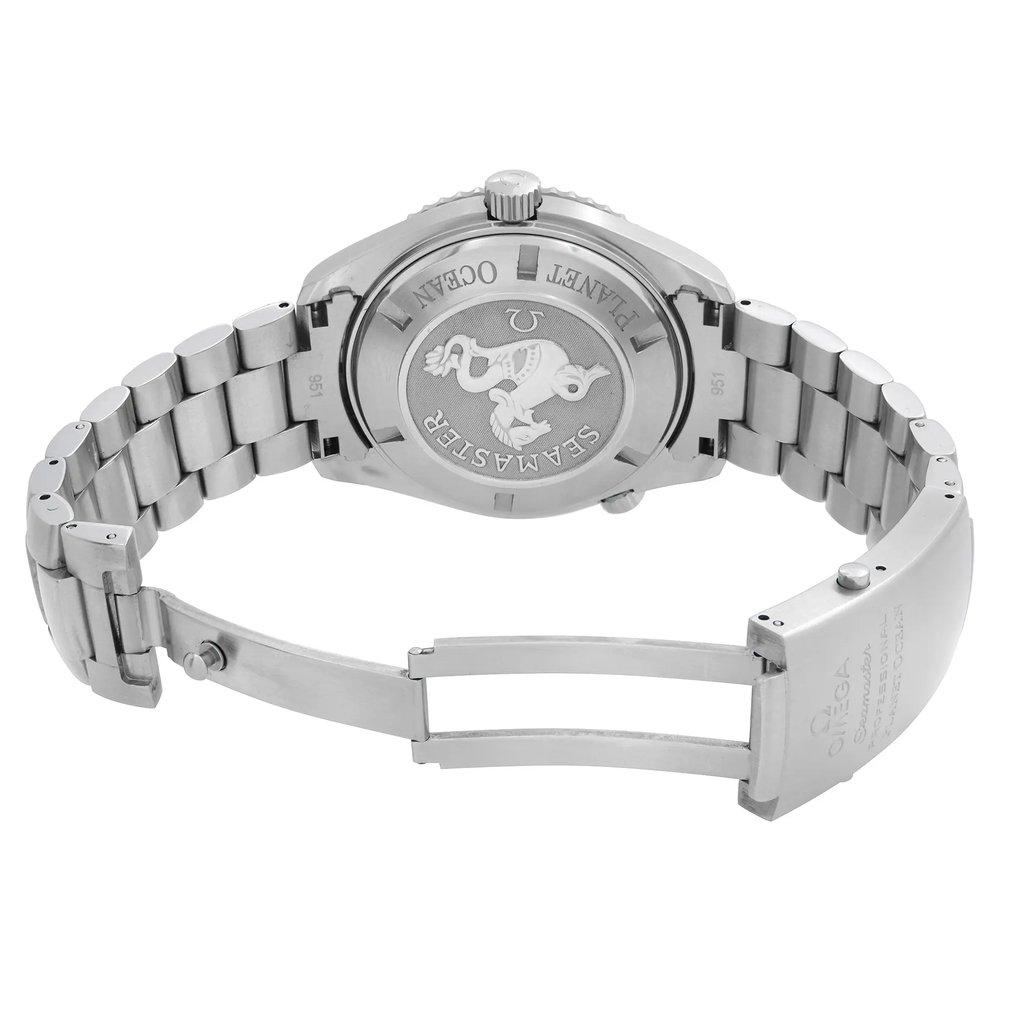 Back View Of Solid Back Case And Open Stainless Steel Band Of OMEGA 2208.50.00 Watch Pre Owned Condition