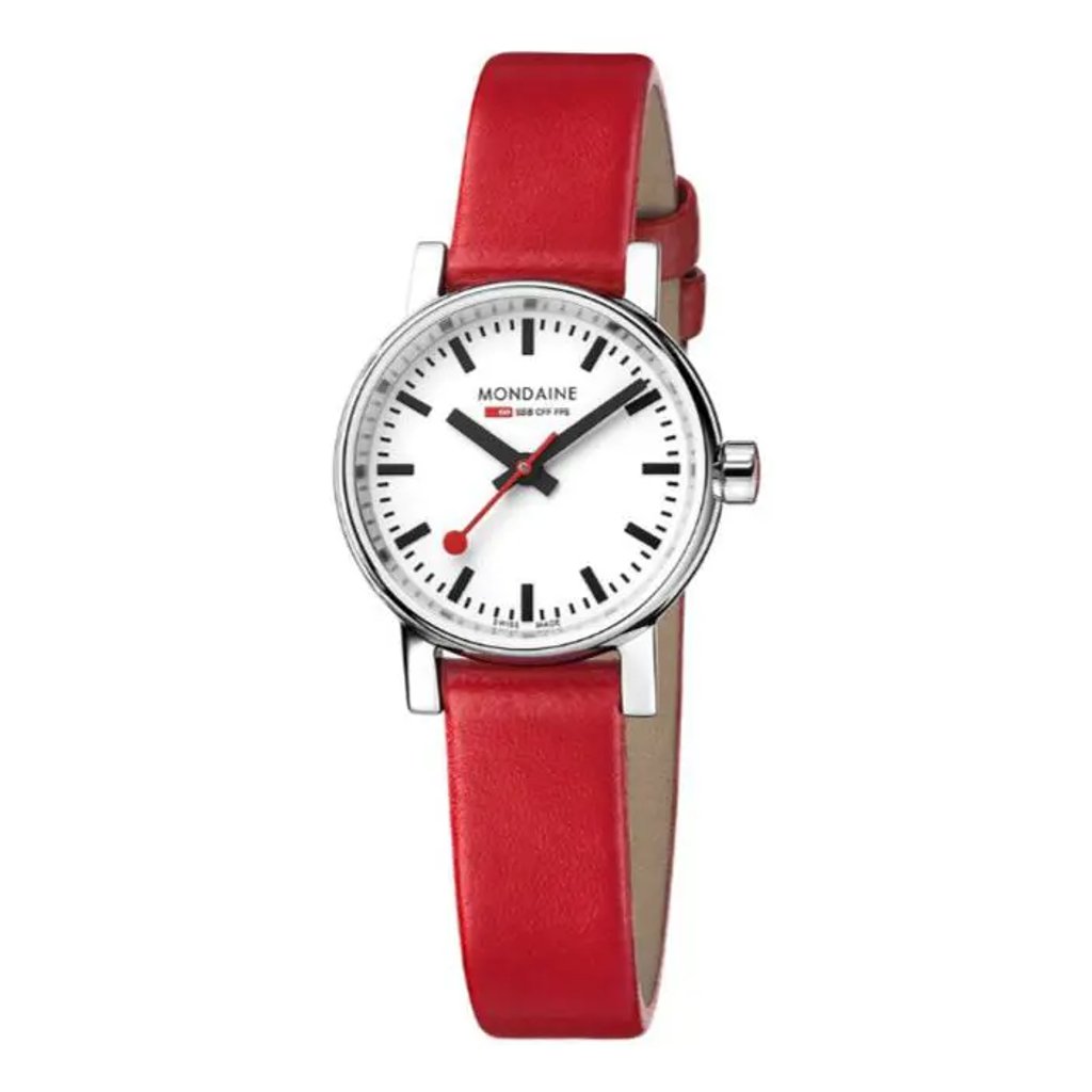An image of a Wristwatch by Mondaine. This Display Model item is designed for Women, featuring a Casual style. It has a Quartz movement and an Analog display with a White dial color. The indices include 12-Hour Dial,Non-Numeric Hour Marks,Stick Indexes. The band is made of Leather and the case is made of Stainless Steel. The watch has a Round shape with a case size of 30 mm and a case thickness of 9 mm.