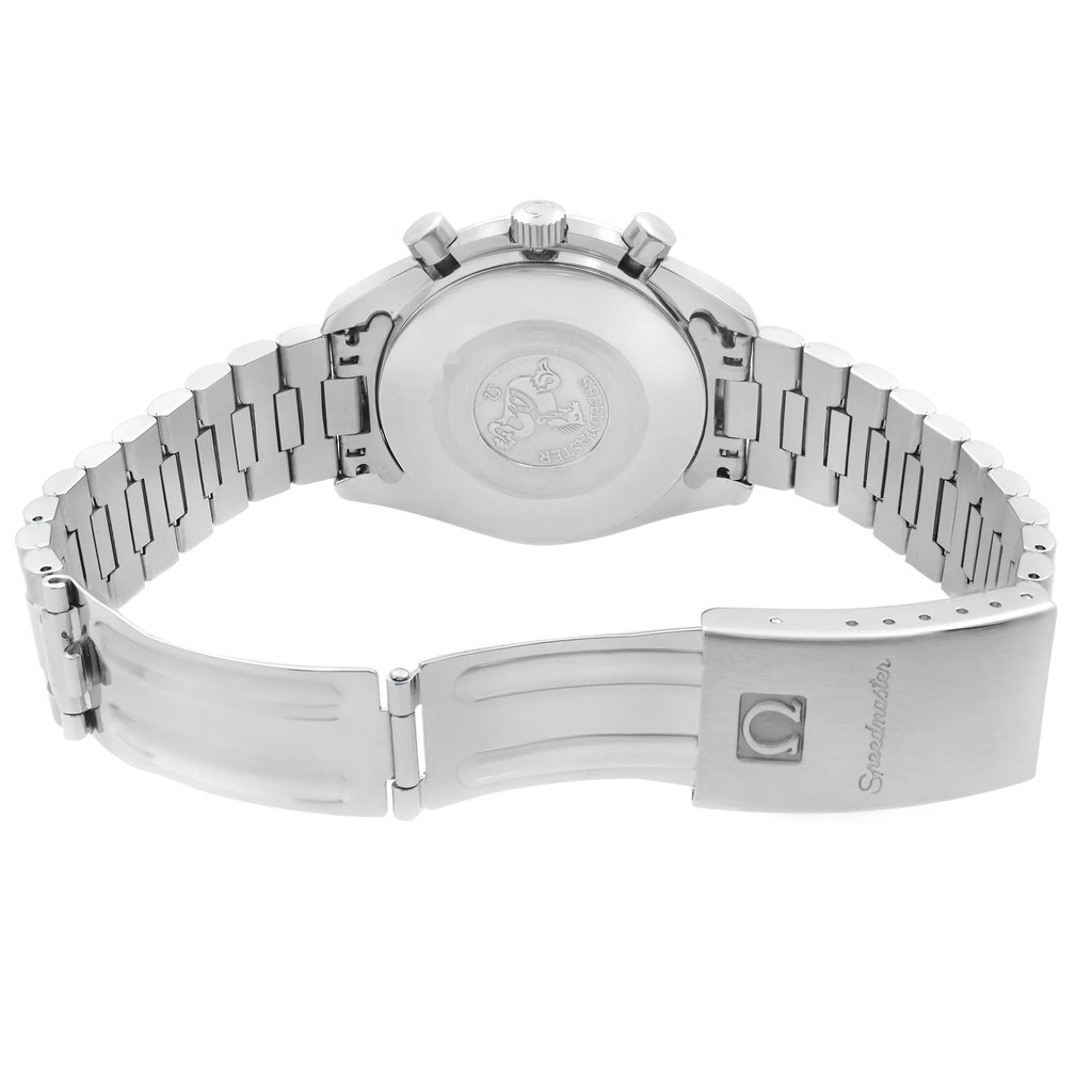 Back View Of Solid Back Case And Open Stainless Steel Band Of OMEGA 3510.50.00  Watch Pre Owned Condition