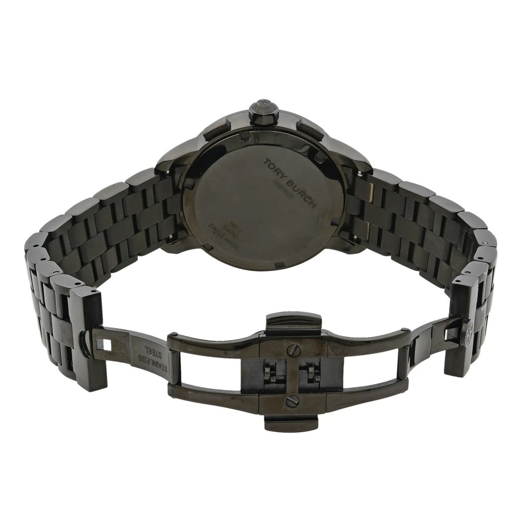 Back View Of Solid Back Case And Open Stainless Steel Band Of Tory Burch TRB1025 Watch Pre Owned Condition