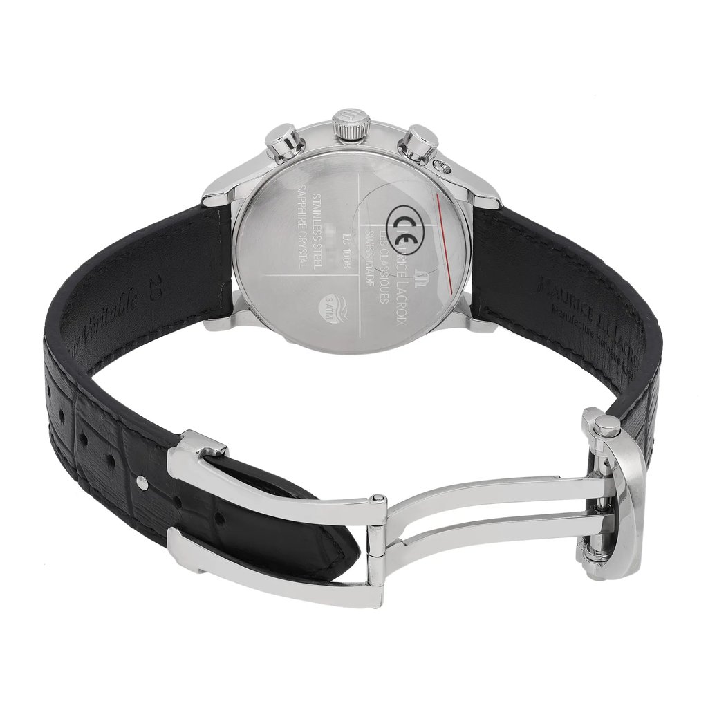 Back View Of Solid Back Case And Open Leather Band Of Maurice Lacroix LC1008-SS001-130 Watch Unworn Condition