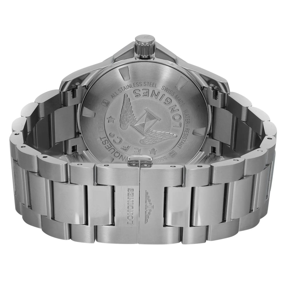 An image of a Wristwatch by Longines. This Display Model item is designed for Men, featuring a Casual style. It has a Quartz movement and an Analog display with a Blue dial color. The indices include 12-Hour Dial,Stick Indexes. The band is made of Stainless Steel and the case is made of Stainless Steel. The watch has a Round shape with a case size of 41 mm and a case thickness of 12 mm.