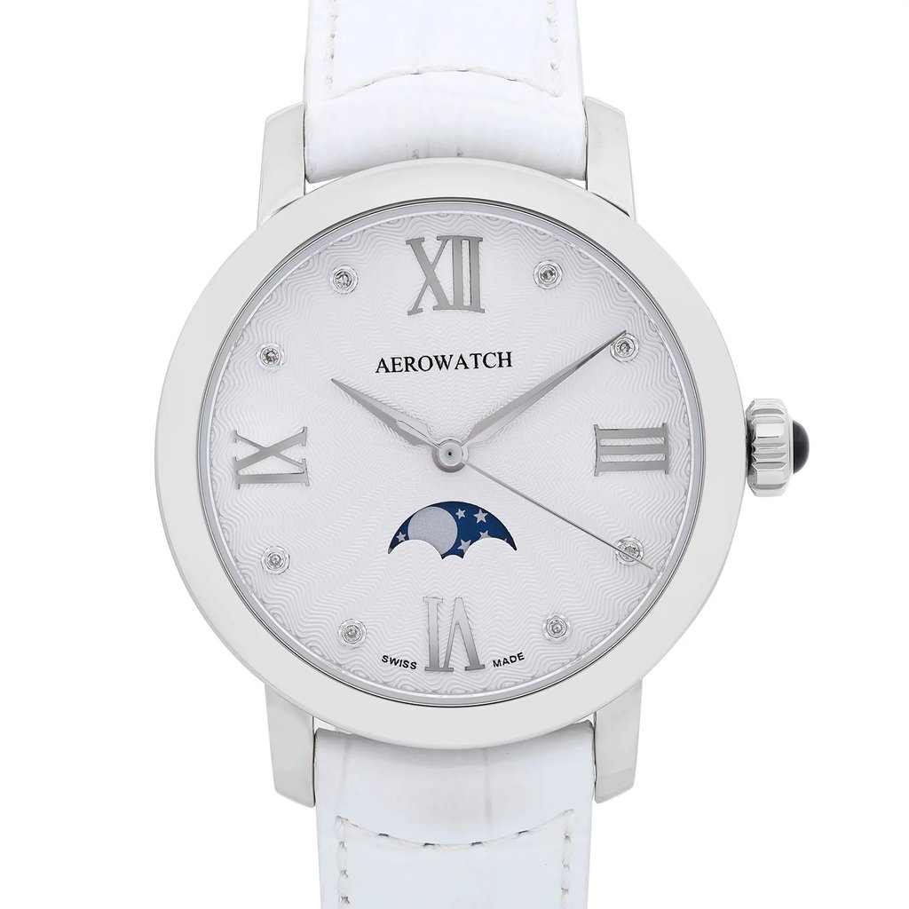 Up Close Front Facing Picture Of AEROWATCH 43938-AA03 Stainless Steel Watch Display Model Condition