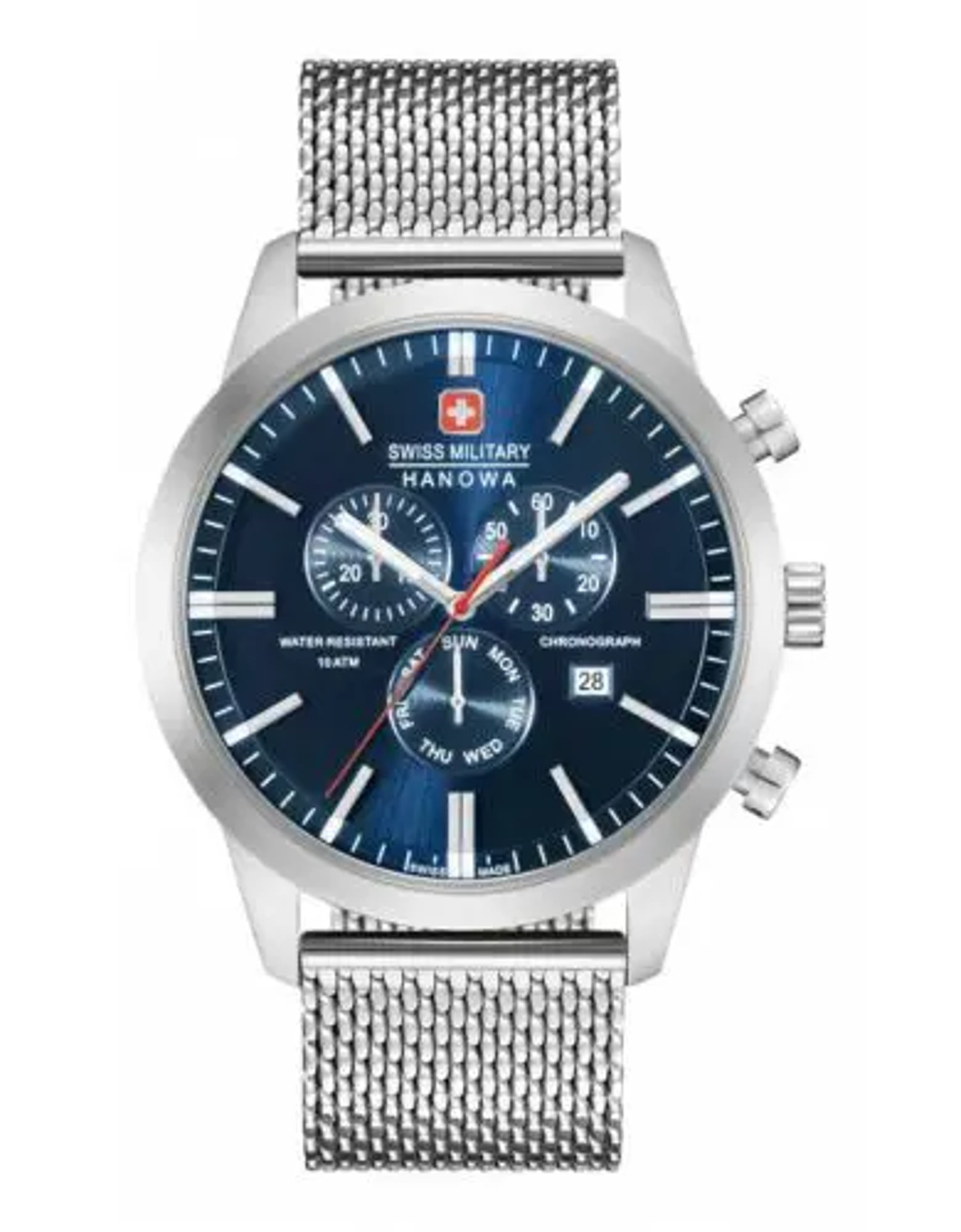 An image of a Wristwatch by Swiss Military Hanowa. This Display Model item is designed for Men, featuring a Dress/Formal style. It has a Quartz movement and an Analog display with a Blue dial color. The indices include 12-Hour Dial,Seconds Hand,Stick Indexes. The band is made of Stainless Steel and the case is made of Stainless Steel. The watch has a Round shape with a case size of 44 mm and a case thickness of 11 mm.