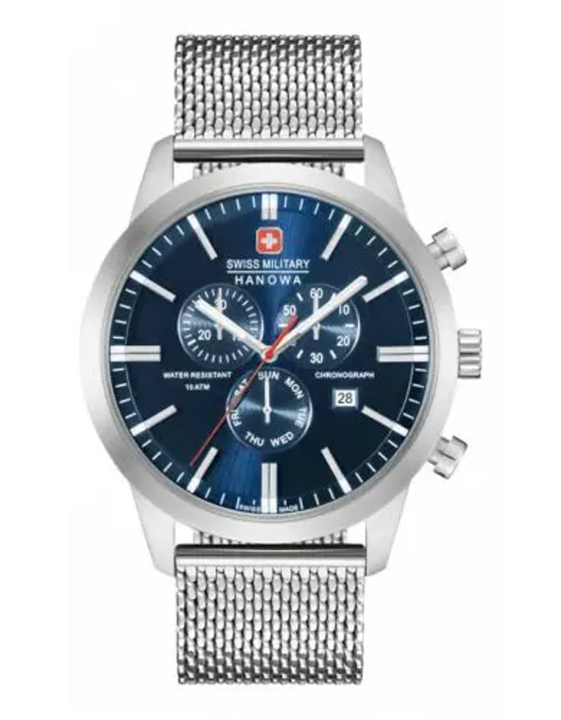 An image of a Wristwatch by Swiss Military Hanowa. This Display Model item is designed for Men, featuring a Dress/Formal style. It has a Quartz movement and an Analog display with a Blue dial color. The indices include 12-Hour Dial,Seconds Hand,Stick Indexes. The band is made of Stainless Steel and the case is made of Stainless Steel. The watch has a Round shape with a case size of 44 mm and a case thickness of 11 mm.