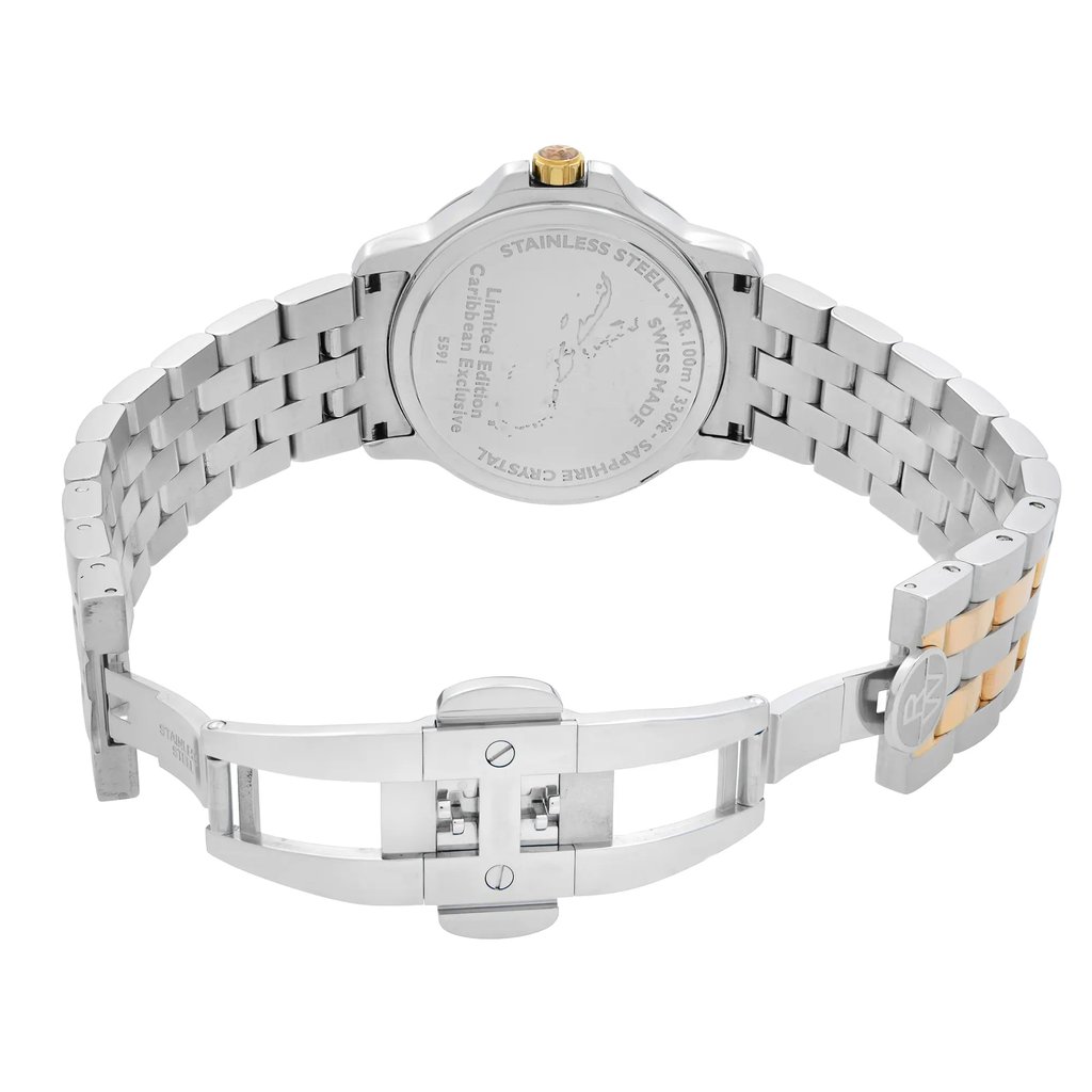Back View Of Snap Back Case And Open Stainless Steel Band Of RAYMOND WEIL 5591-SB5-CARAB Watch Pre Owned Condition