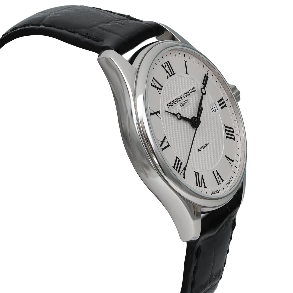 An image of a Wristwatch by Frederique Constant . This Unworn item is designed for Men, featuring a Casual style. It has a Mechanical (Automatic) movement and an Analog display with a Silver dial color. The indices include 12-Hour Dial,Roman Numerals. The band is made of Leather and the case is made of Stainless Steel. The watch has a Round shape with a case size of 40 mm and a case thickness of 10 mm.