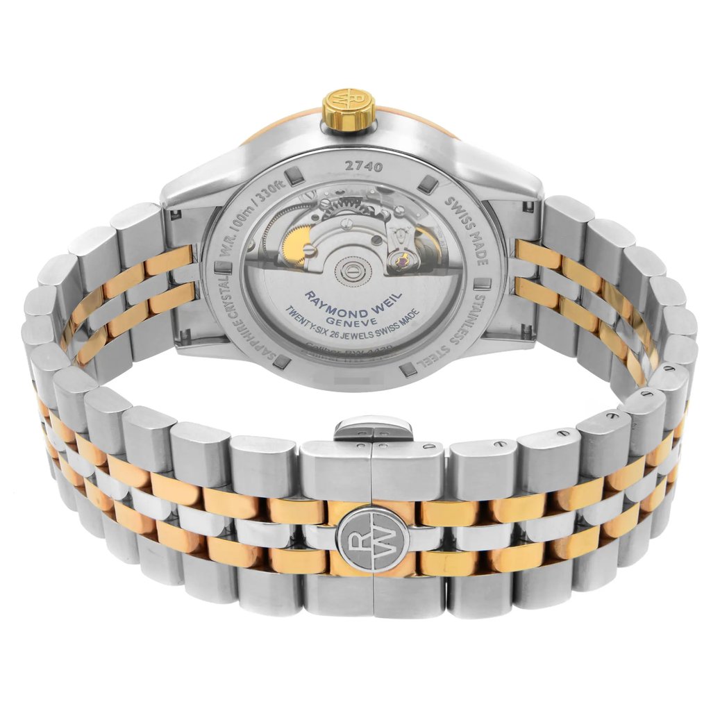Back View Of Exhibition Back Case And Closed Stainless Steel Band Of RAYMOND WEIL 2740-SP5-20011 Watch Pre Owned Condition