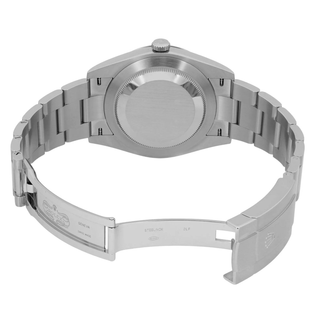Back View Of Screwback Back Case And Open Stainless Steel Band Of Rolex 124300 Watch Pre Owned Condition