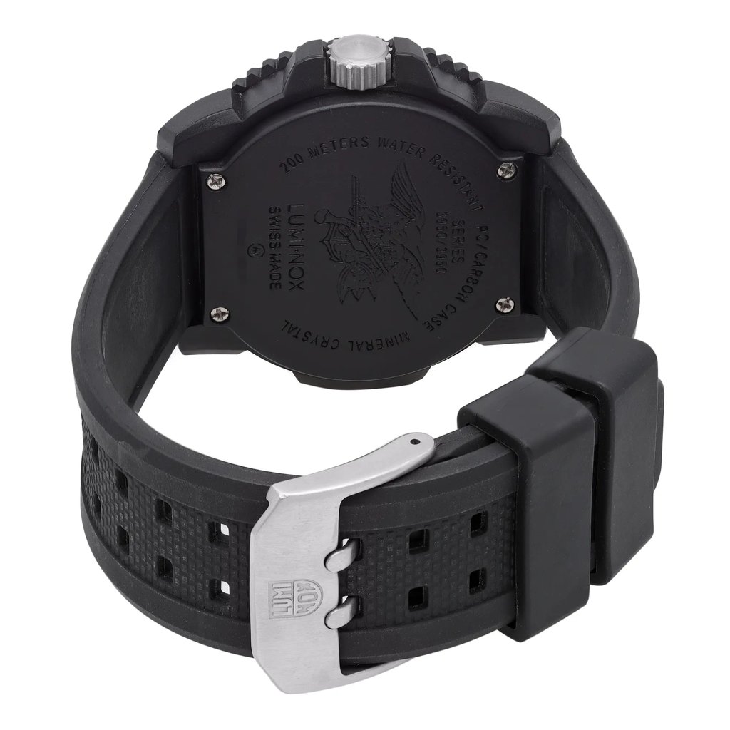 An image of a Wristwatch by Luminox. This Display Model item is designed for Men, featuring a Casual,Diver style. It has a Quartz movement and an Analog display with a Black dial color. The indices include 12-Hour Dial,Arabic Numerals,Easy to Read/Large Numerals. The band is made of Rubber and the case is made of Carbonox. The watch has a Round shape with a case size of 44 mm and a case thickness of 14 mm.