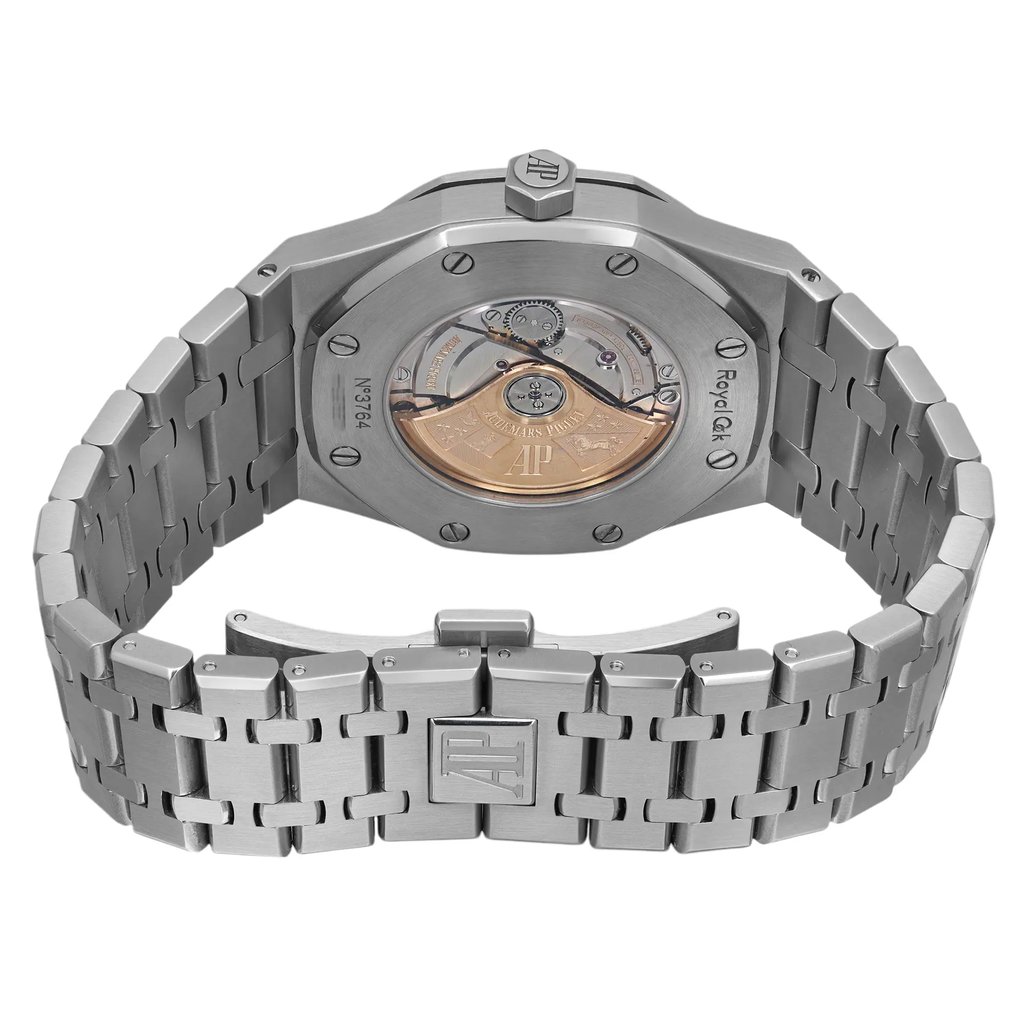 Back View Of Exhibition Back Case And Closed Stainless Steel Band Of Audemars Piguet 15400ST Watch Pre Owned Condition