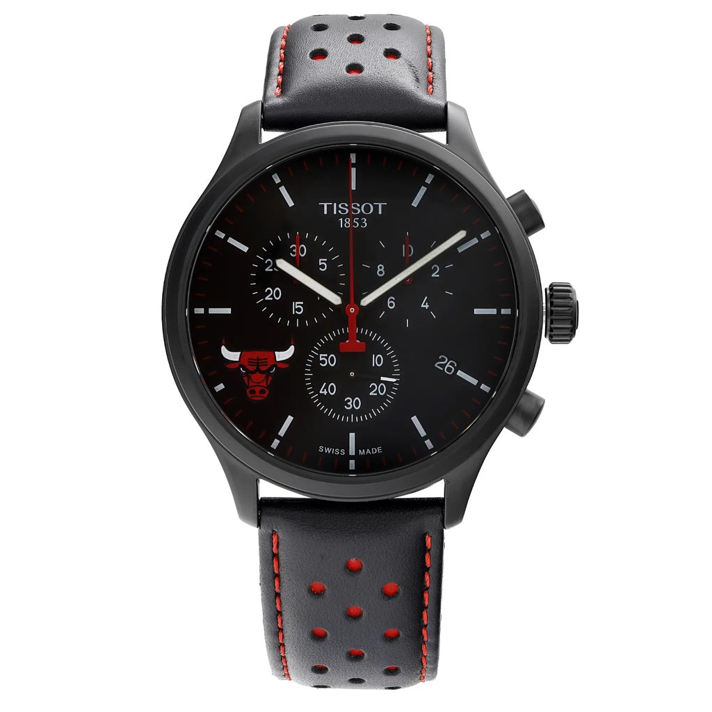 An image of a Wristwatch by Tissot. This Display Model item is designed for Men, featuring a Sport style. It has a Quartz movement and an Analog display with a Black dial color. The indices include 12-Hour Dial,Seconds Hand,Stick Indexes. The band is made of Stainless Steel and the case is made of Stainless Steel. The watch has a Round shape with a case size of 45 mm and a case thickness of 11 mm.