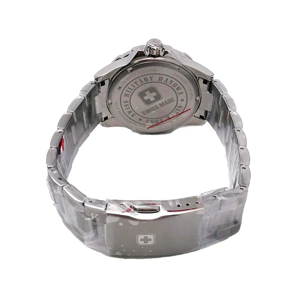 Back View Of Screwback Back Case And Closed Stainless Steel Band Of Swiss Military Hanowa 06-5315.04.007 Watch Unworn Condition